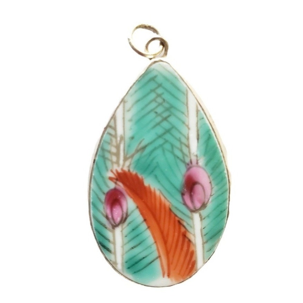 Hand Painted Pottery Shard Pendant Turquoise Orange Peacock Feather Focal Drop